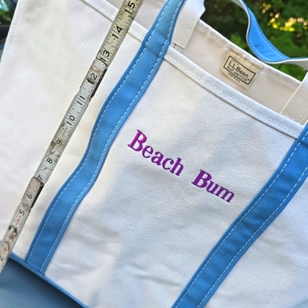 LL Bean Boat BEACH BUM Creme Canvas Tote Slate Blue Monogram Large Custom NWT - Picture 2 of 9